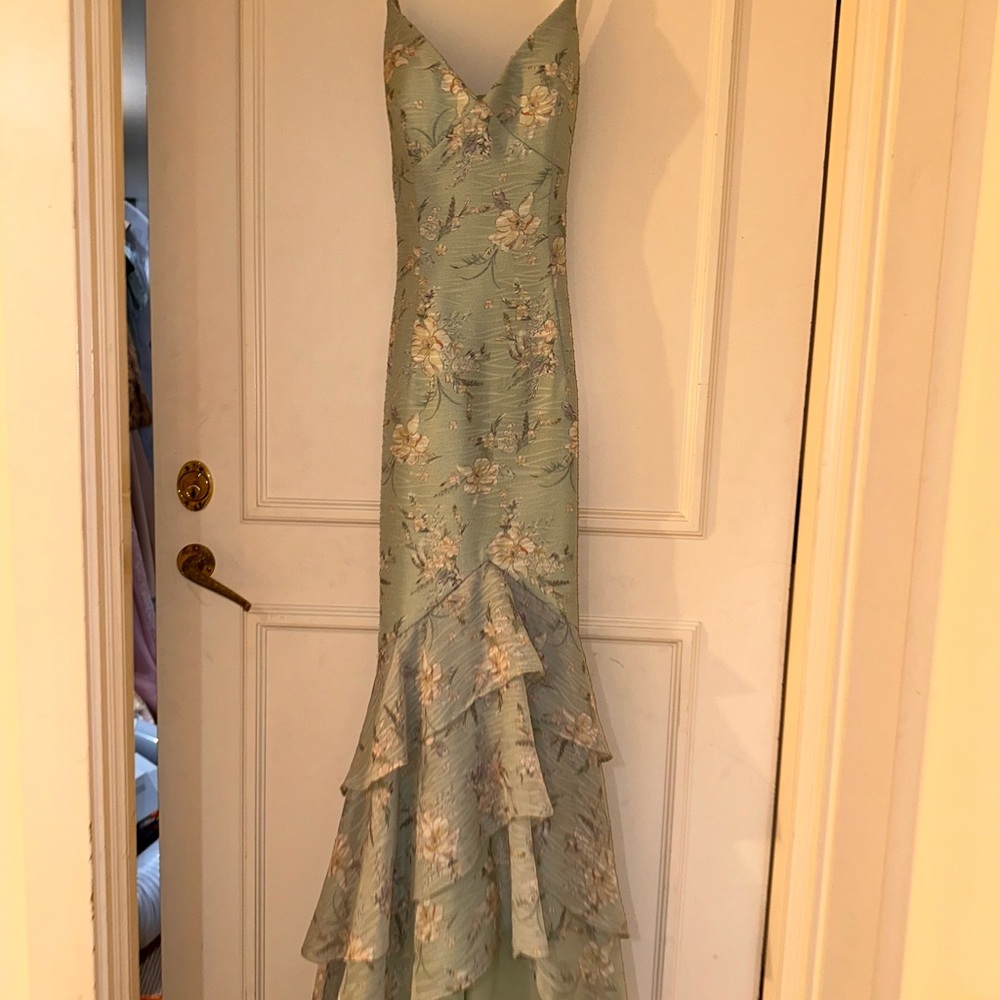 Azazie Floral High Low Dress in Light Green